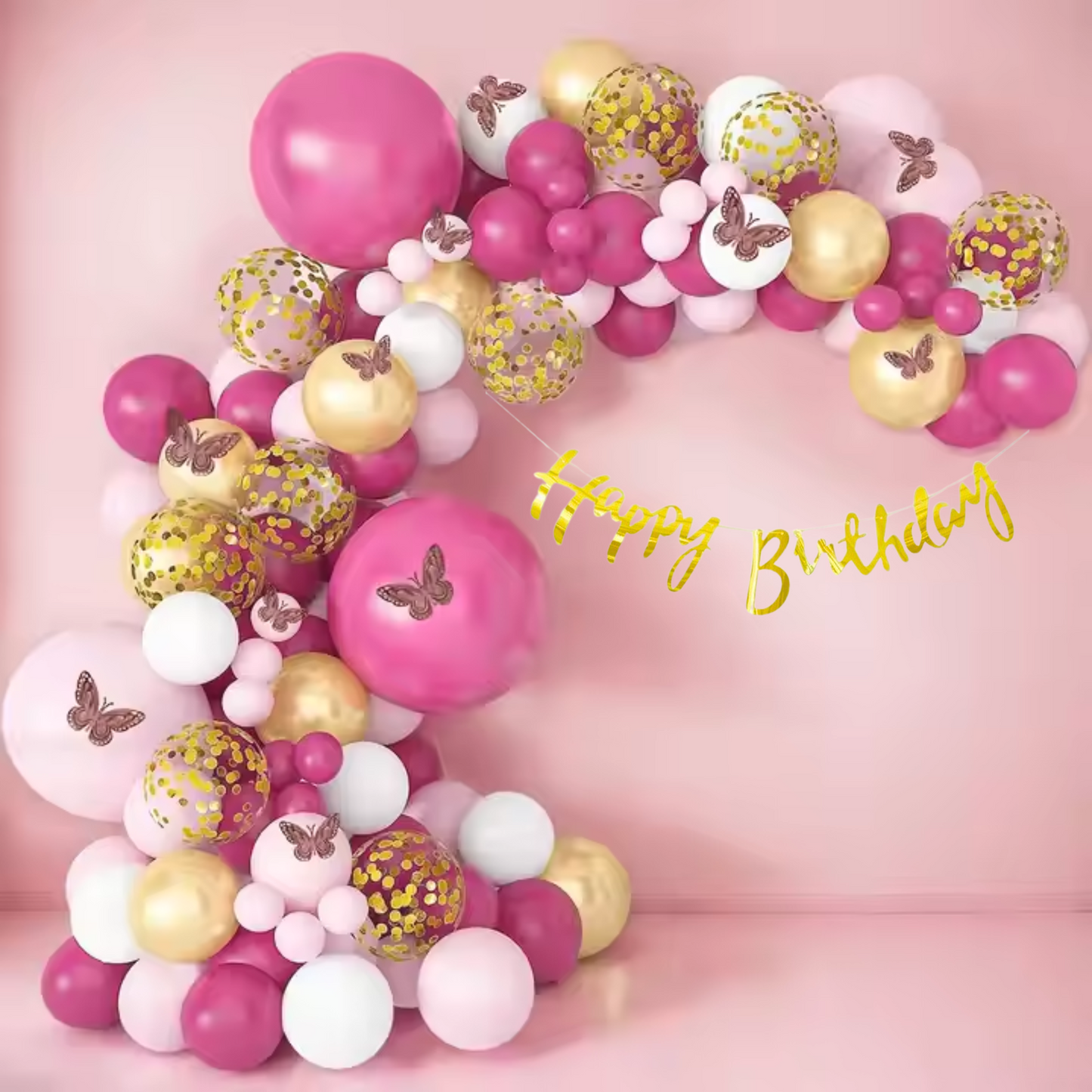 Festi Duck Birthday Balloon Combo Set (100 Pcs) – Gold & Pink Balloons, Confetti Balloons, Happy Birthday Banner, Balloon Arch & Glue Dot
