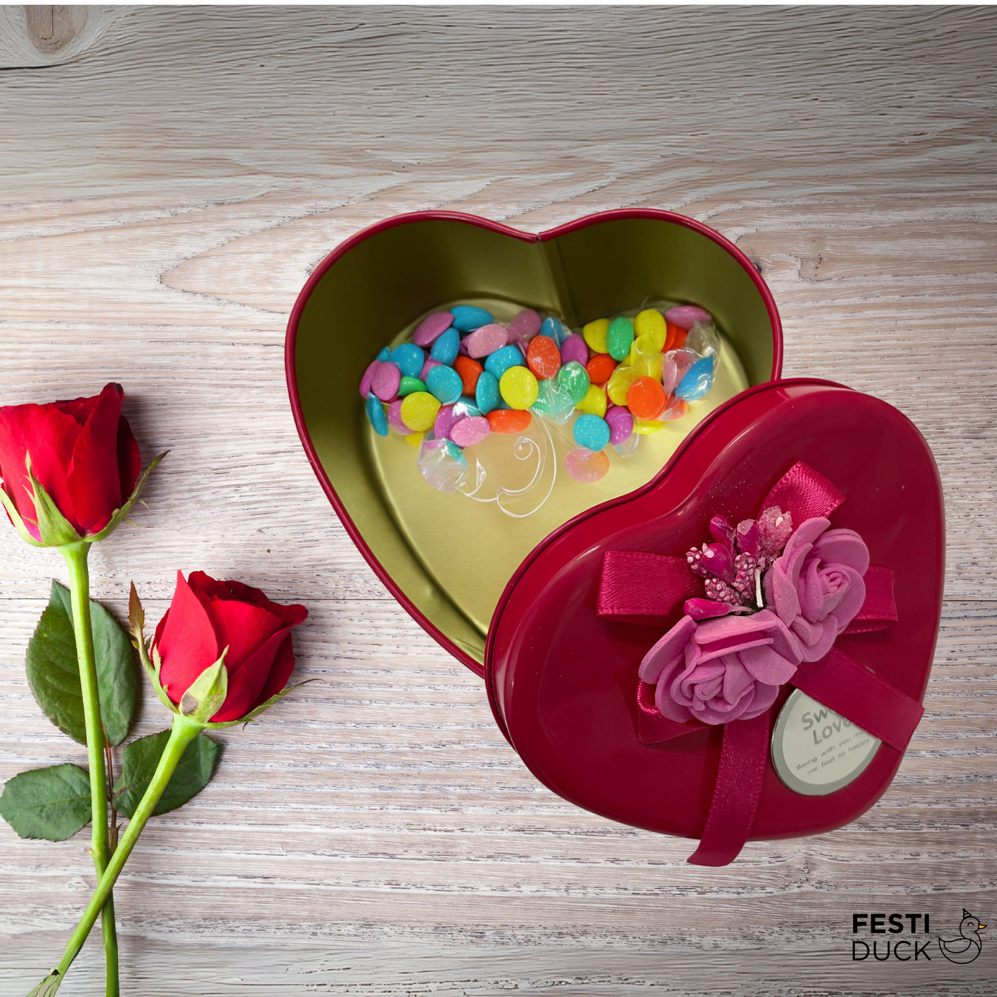 Red Heart-Shaped Gift Box with Pink Flowers