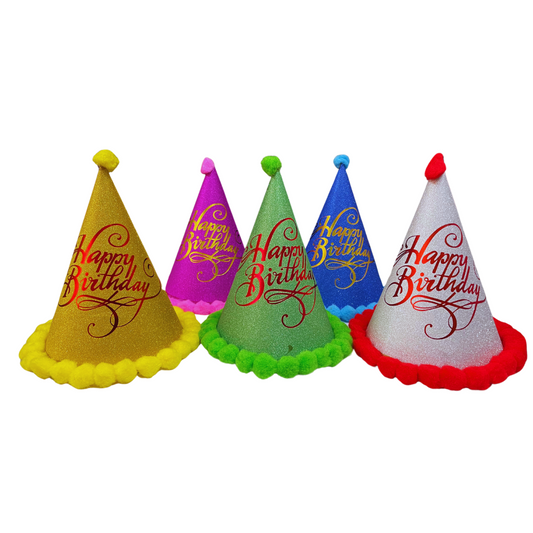 Party Caps with Multi-Color Pom Pom Balls (Pack of 5)