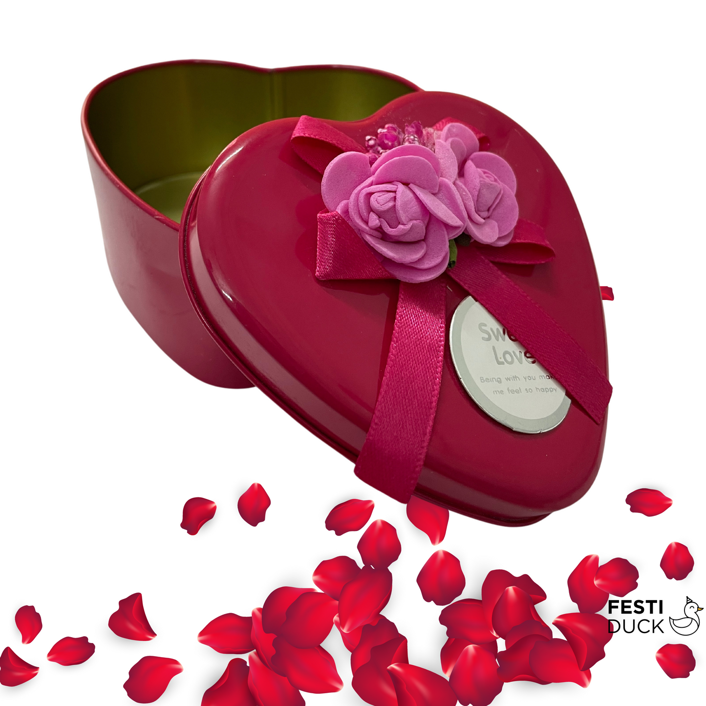 Red Heart-Shaped Gift Box with Pink Flowers