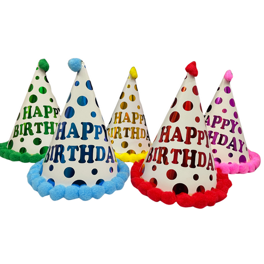 Party Caps with Multi-Color Polka Dots and Pom Pom Balls (Pack of 5)