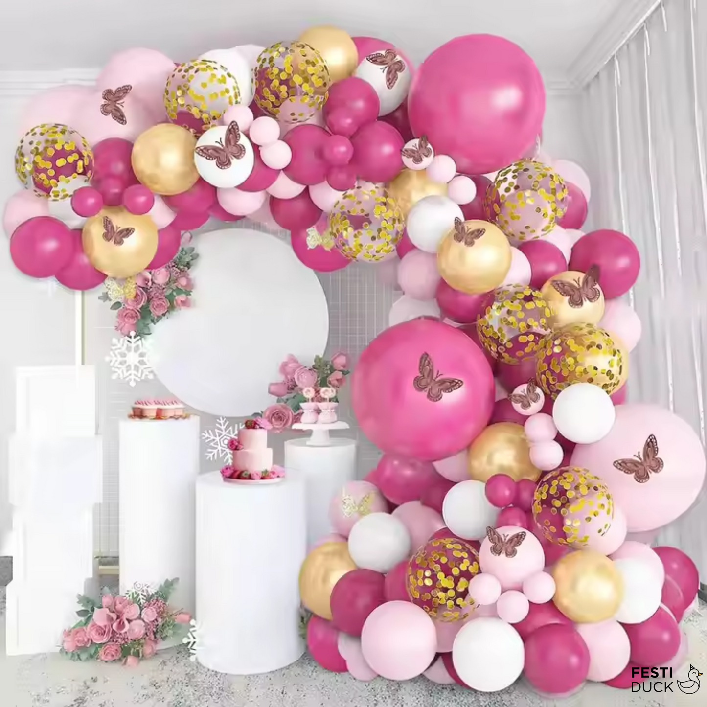 Festi Duck Birthday Balloon Combo Set (100 Pcs) – Gold & Pink Balloons, Confetti Balloons, Happy Birthday Banner, Balloon Arch & Glue Dot