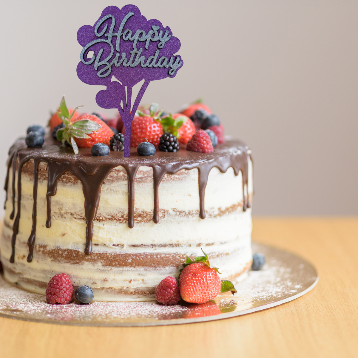 Pink glittery Happy Birthday wooden cake topper