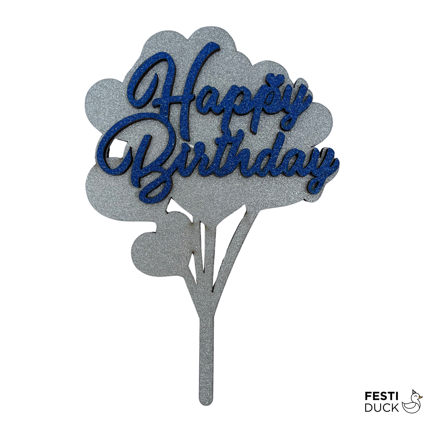 Silver Glittery Happy Birthday Cake Topper - Wooden Reusable Cake Decor