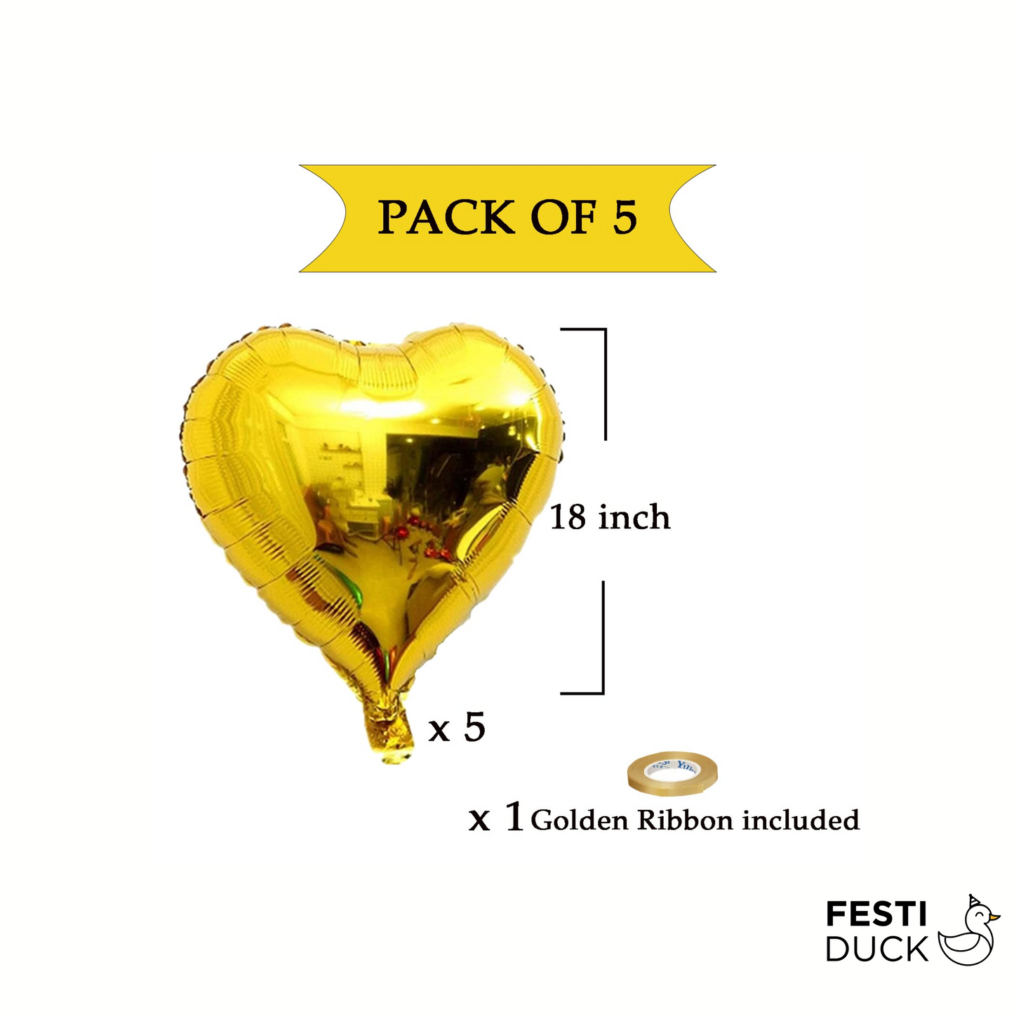 Gold Heart Shaped Foil Balloons - Pack of 5