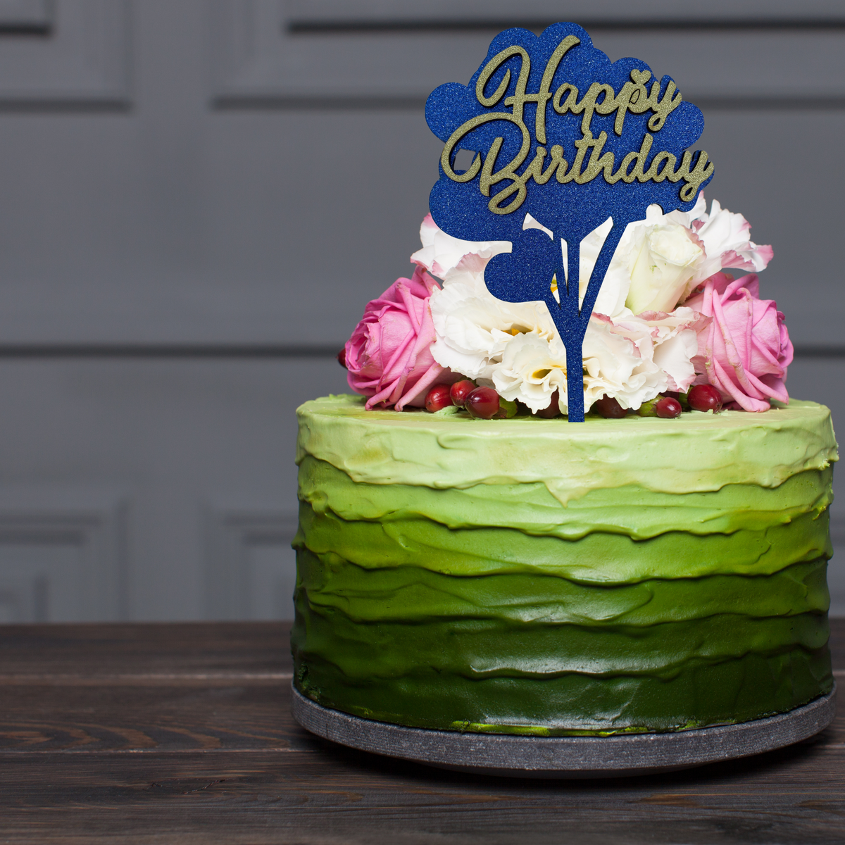 Blue glittery Happy Birthday cake topper
