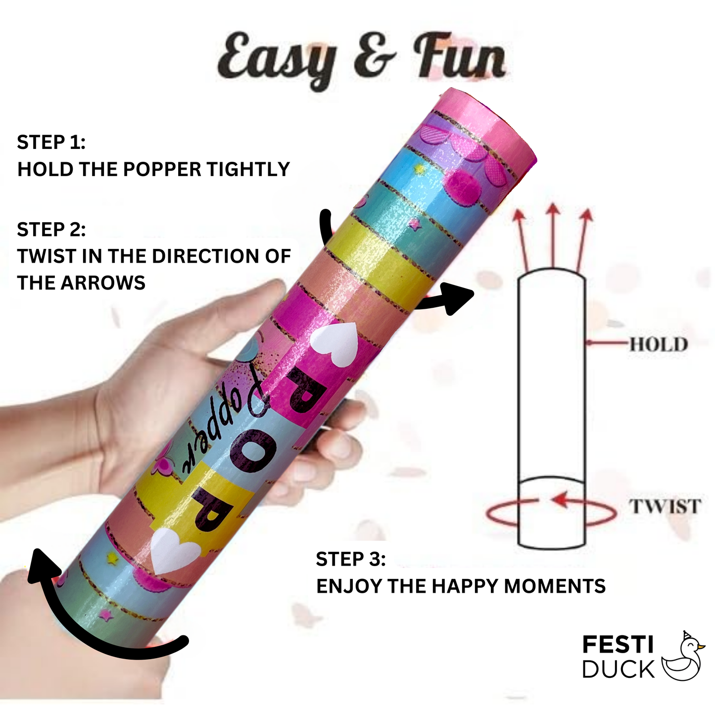 Festi Duck Confetti Poppers - Heart Shaped Multi-Colored Confetti, Pink & Blue Pastel Party Poppers - Pack of 12
