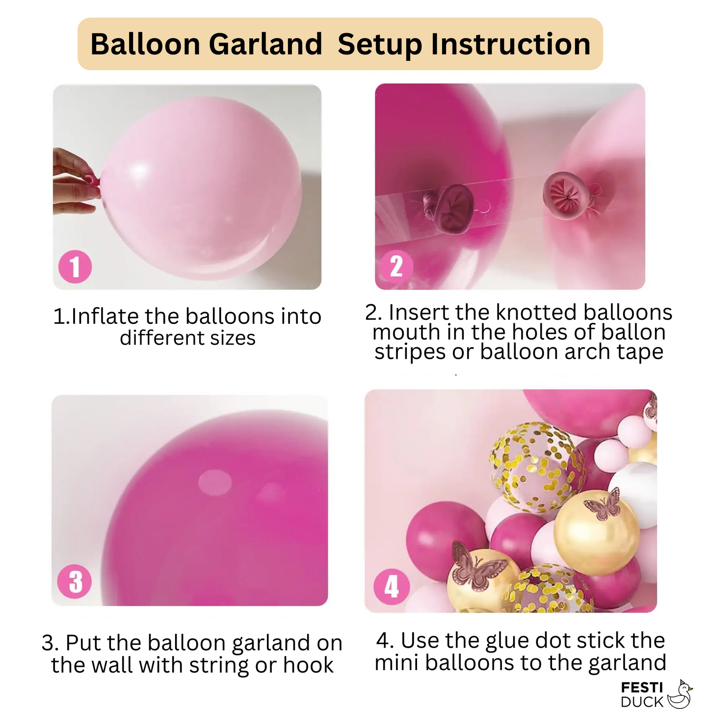 Festi Duck Birthday Balloon Combo Set (100 Pcs) – Gold & Pink Balloons, Confetti Balloons, Happy Birthday Banner, Balloon Arch & Glue Dot