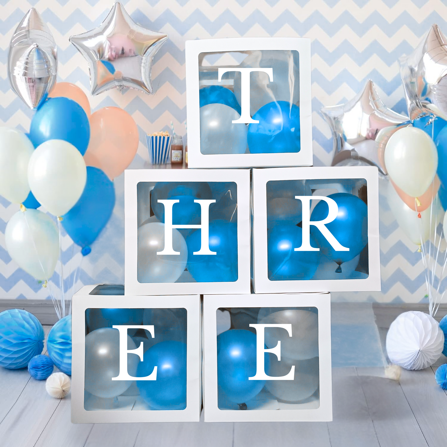 Festi Duck Pack of 5 Balloon Boxes - Transparent White Boxes with “T,” “H,” “R,” “R,” and “E” Letters & 24 Balloons (12 Blue & 12 White) for Elegant 3rd Birthday or Anniversary Décoration