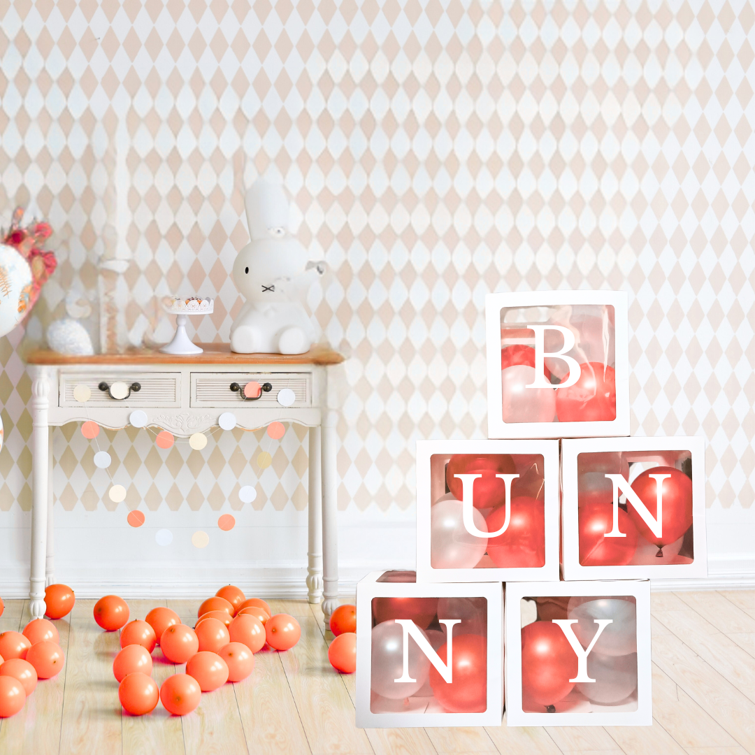 Custom name balloon box spelling BUNNY by Festi Duck