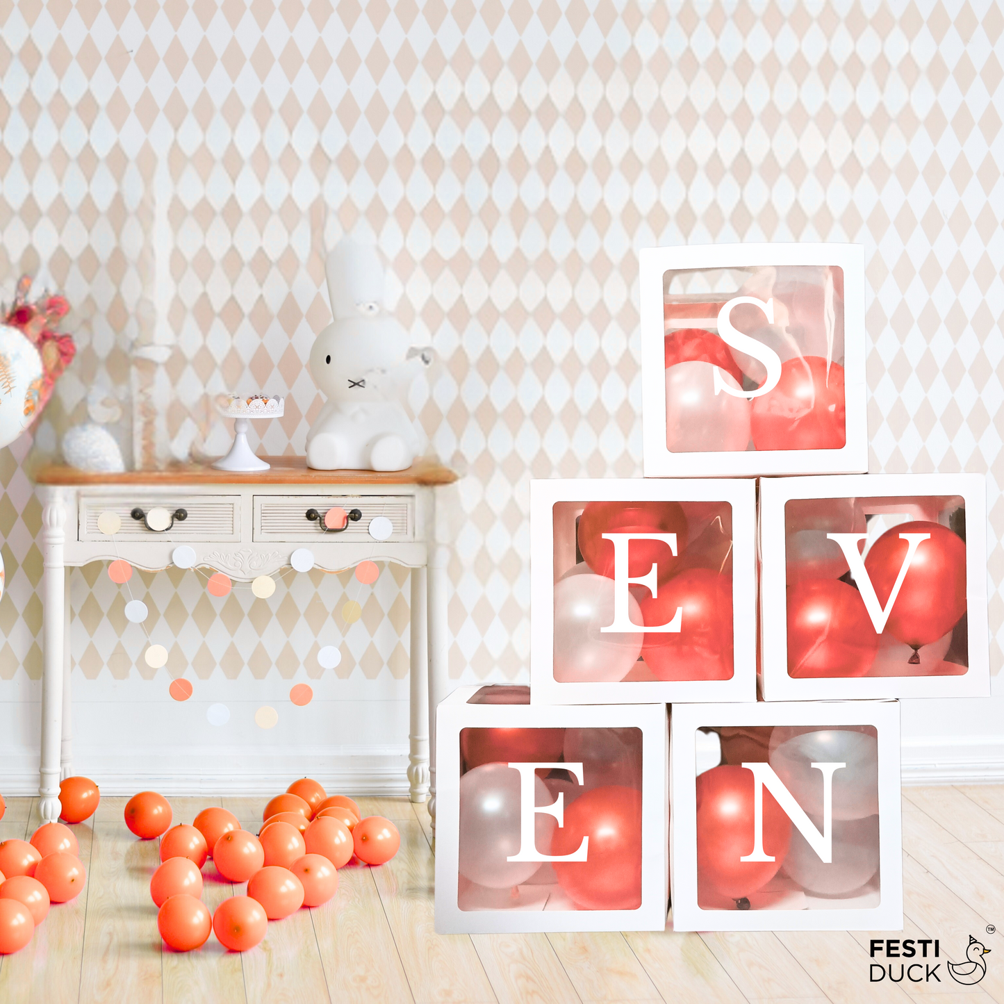 Festi Duck Pack of 5 Balloon Boxes - Transparent White Boxes with “S,” “E,” “V,” “E,” and “N” Letters for Elegant 7th Birthday or Anniversary Décor