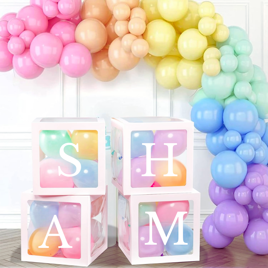 Personalised name balloon box spelling SHAM in balloons