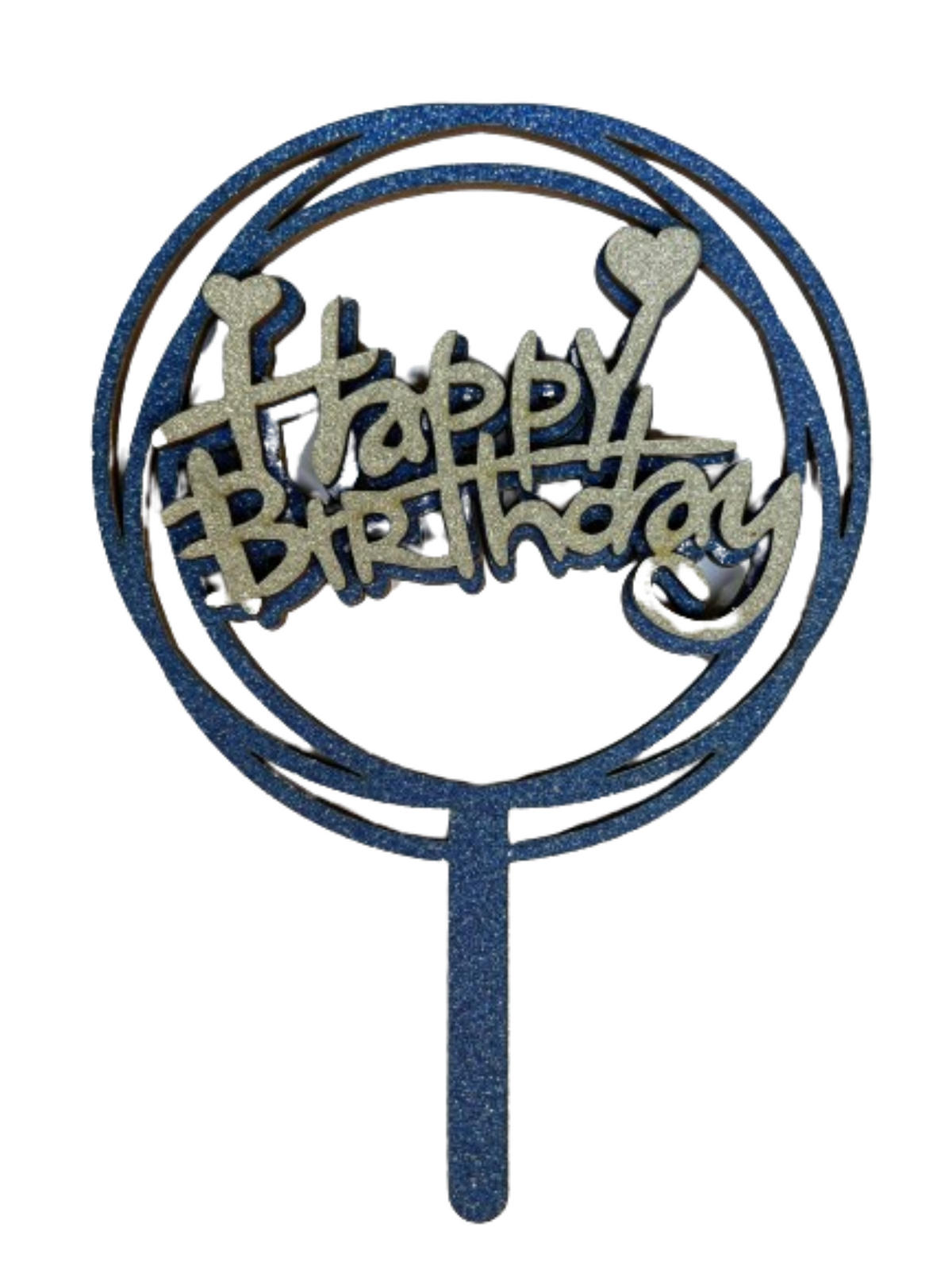 Silver glitter Happy Birthday wooden cake topper