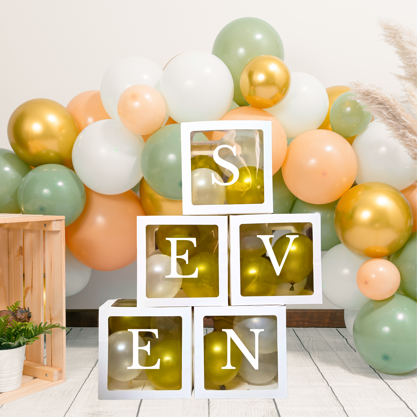Festi Duck Pack of 5 Balloon Boxes - Transparent White Boxes with “S,” “E,” “V,” “E,” and “N” Letters for Elegant 7th Birthday or Anniversary Décor